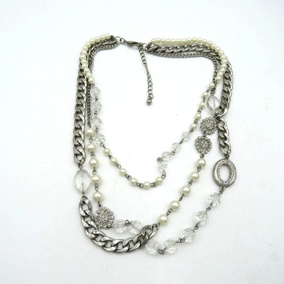 Layered Necklace 22" Silver Tone Chain Imitation Pearls Lucite Beads Multi Layer - Picture 1 of 13